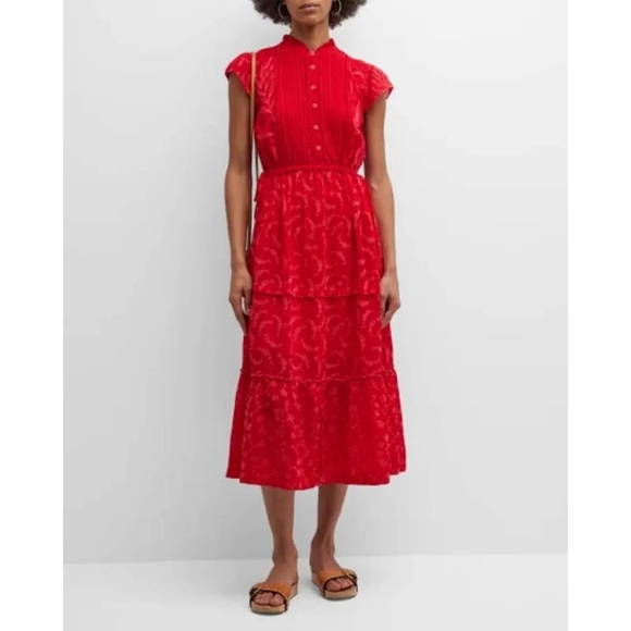 NWT Johnny Was Red Embroidered Short Sleeve Midi Dress Women's Size Small